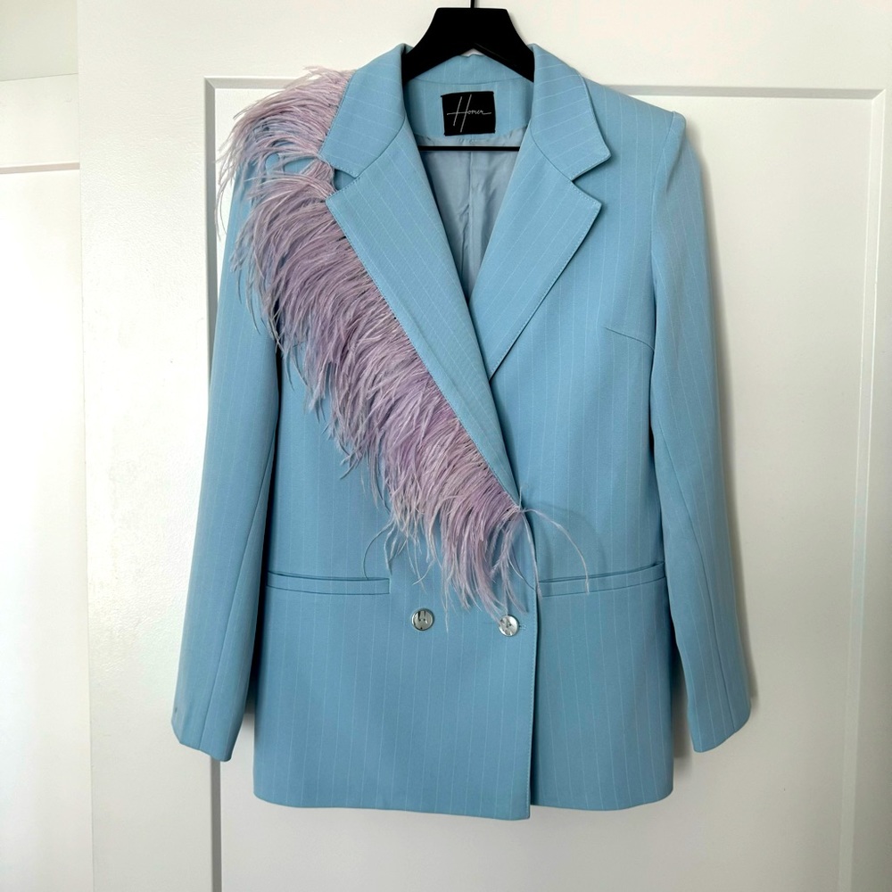Blue striped blazer with feathers. Perfect condition.